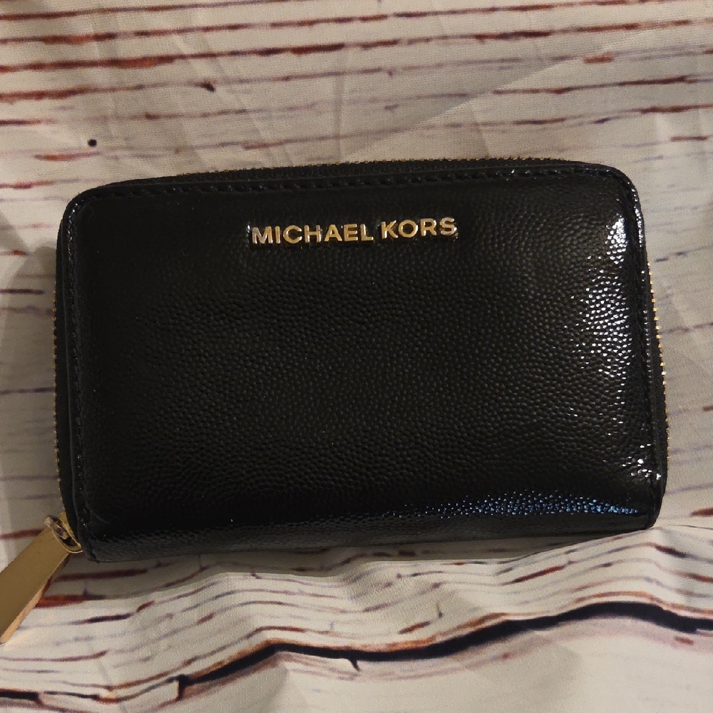 Michael Kors Black Leather Wallet with Gold Zipper